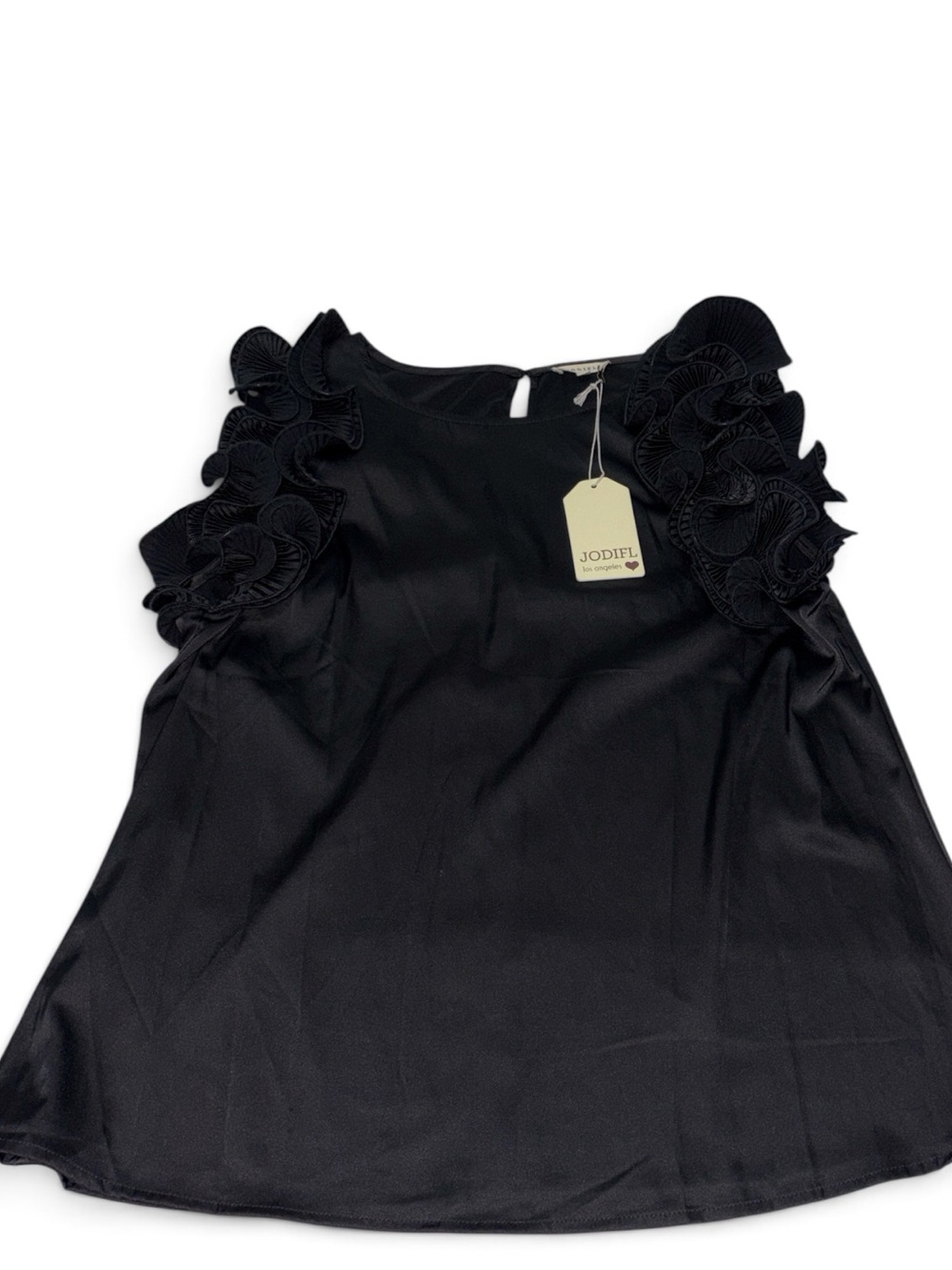 JODIFL Women’s Medium Black Ruffle-Shoulder Sleeveless Blouse